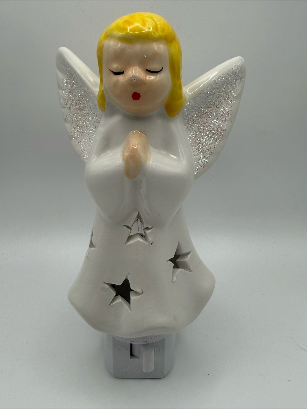 Vintage Ceramic Praying Angel Night Light Glitter Wings Star Cutouts Chip